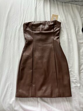 Meshki Strapless Brown Faux Leather Bodycon Dress